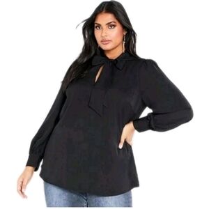 City Chic In Awe Top Tie Neck Blouse Lg /14 Satin Black Career Office Secretary